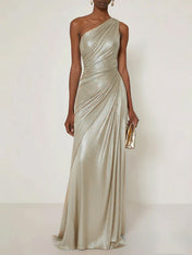 Evening Formal Dress One Shoulder Silk Ruffles Maxi Dress