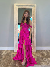 A Line Off the Shoulder Tiered Beaded Prom Dress with Slit