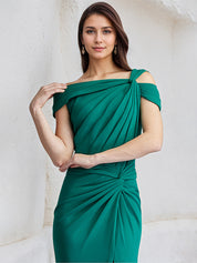 Jade Sheath Asymmetrical Neck Chiffon Long Pleated Bridesmaid Dress With Slit