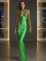 Glamorous Gold Sequin Halter Neck Mermaid Long Prom Dress