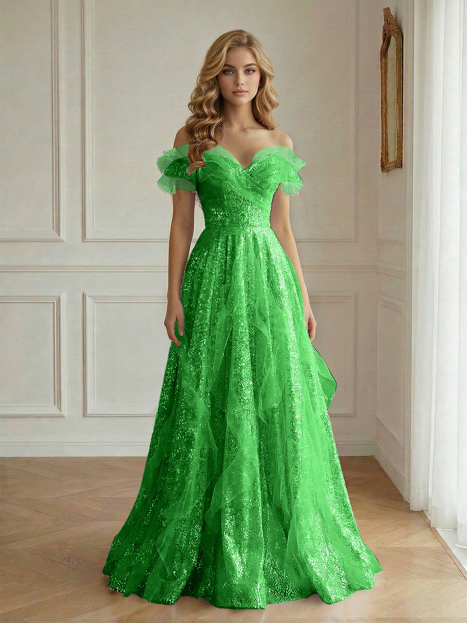 Off-the-Shoulder Sequin Tulle A-Line Gown with Ruffle Accents Prom Dress