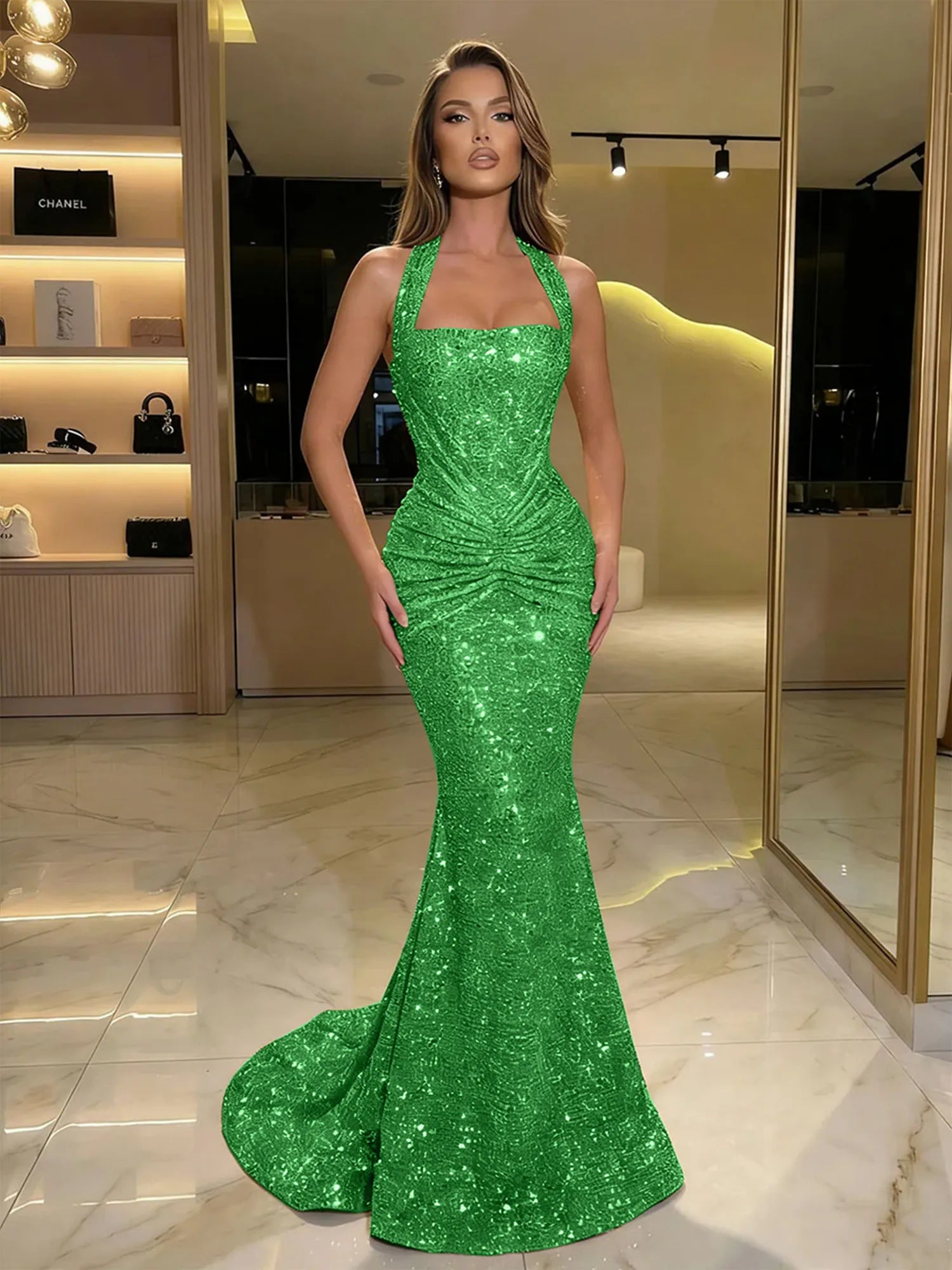 Gold Sequin Halter Mermaid Prom Dress with Ruched Waist