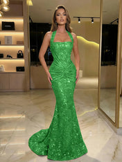Gold Sequin Halter Mermaid Prom Dress with Ruched Waist