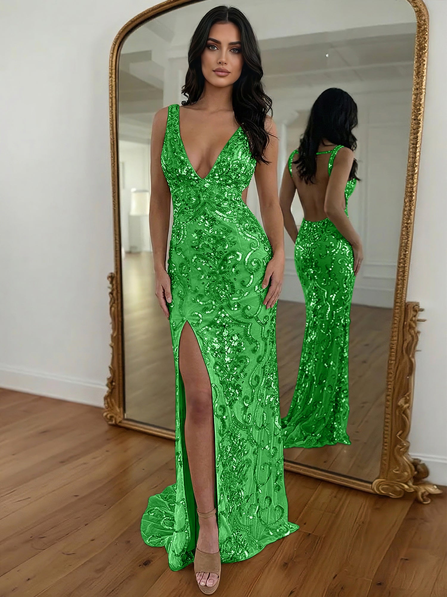 Gold Sequin V-Neck Open Back Mermaid Prom Dress with High Slit