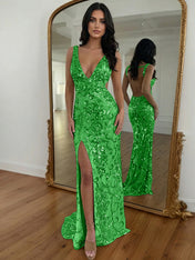 Gold Sequin V-Neck Open Back Mermaid Prom Dress with High Slit