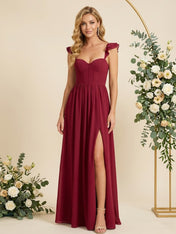 Ruffle Sleeves Sweetheart Chiffon A Line Slit Bridesmaid Dresses for Women