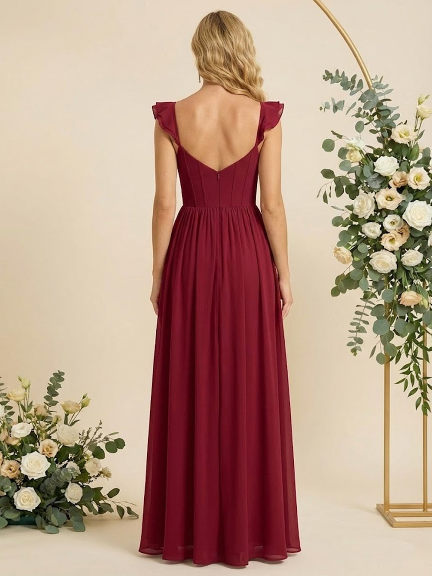 Ruffle Sleeves Sweetheart Chiffon A Line Slit Bridesmaid Dresses for Women