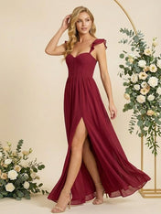 Ruffle Sleeves Sweetheart Chiffon A Line Slit Bridesmaid Dresses for Women