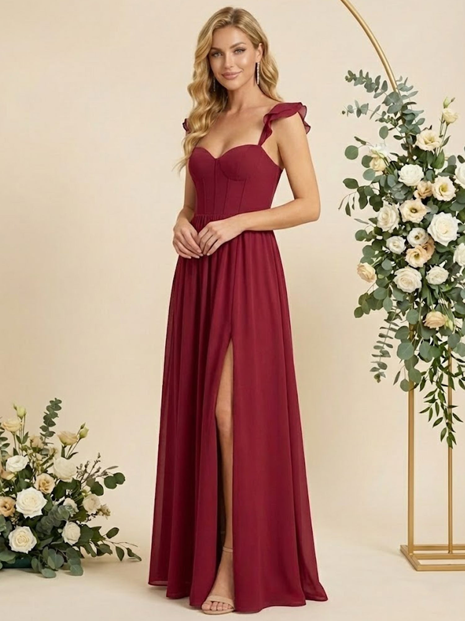 Ruffle Sleeves Sweetheart Chiffon A Line Slit Bridesmaid Dresses for Women