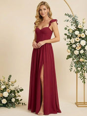 Ruffle Sleeves Sweetheart Chiffon A Line Slit Bridesmaid Dresses for Women