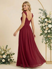 Ruffle Sleeves Sweetheart Chiffon A Line Slit Bridesmaid Dresses for Women