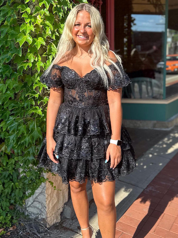 A Line Off the Shoulder Appliques Tiered Ruffle Homecoming Dress