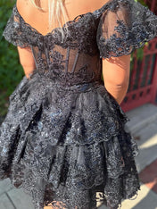 A Line Off the Shoulder Appliques Tiered Ruffle Homecoming Dress