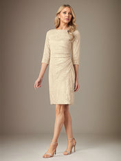 Champagne Sheath/Column Lace Boat Neck 3/4 Sleeves Knee Length Dress With Slit