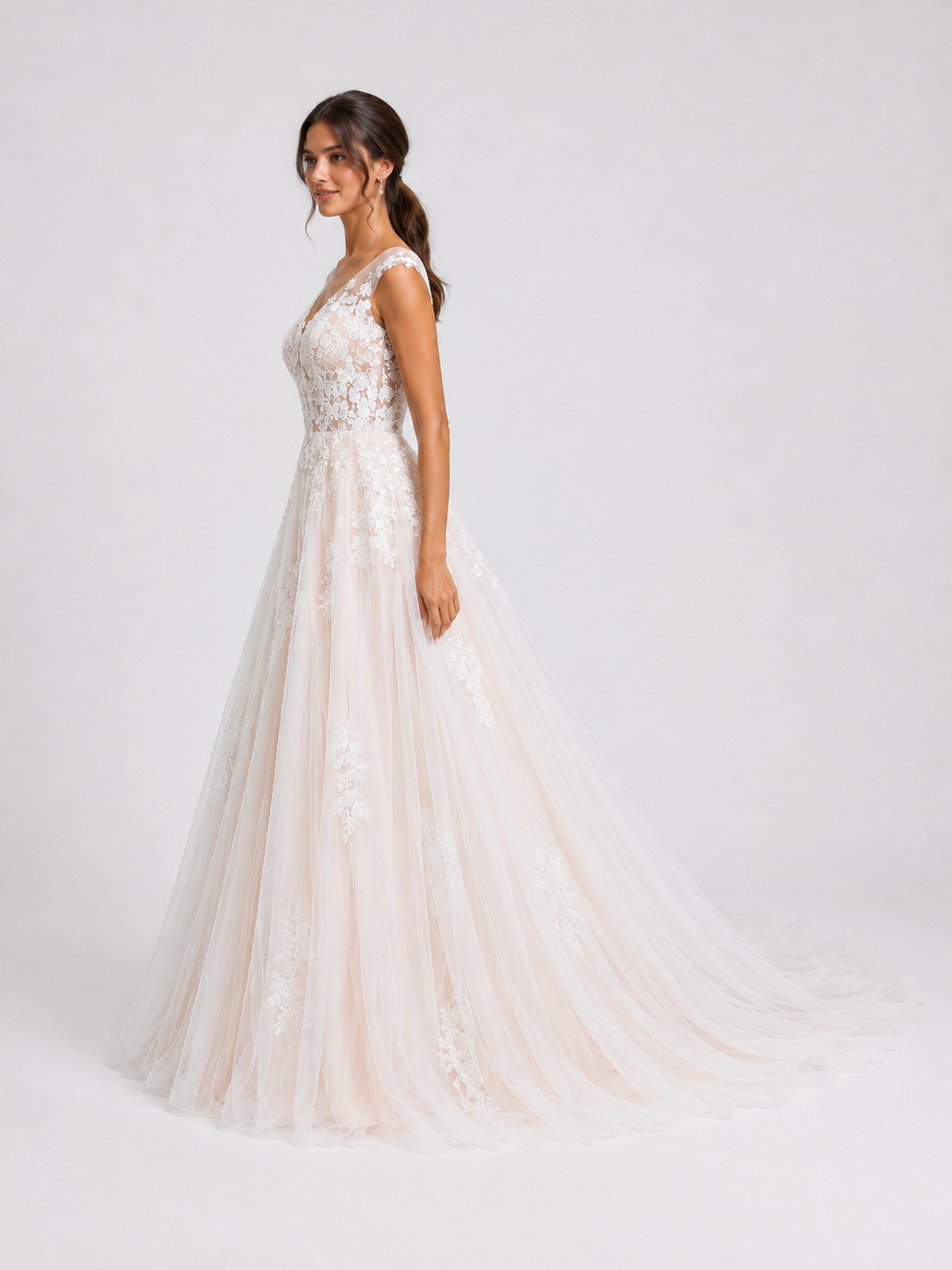 Elegant V-Neck Lace Applique Tulle A-Line Wedding Dress with Chapel Train