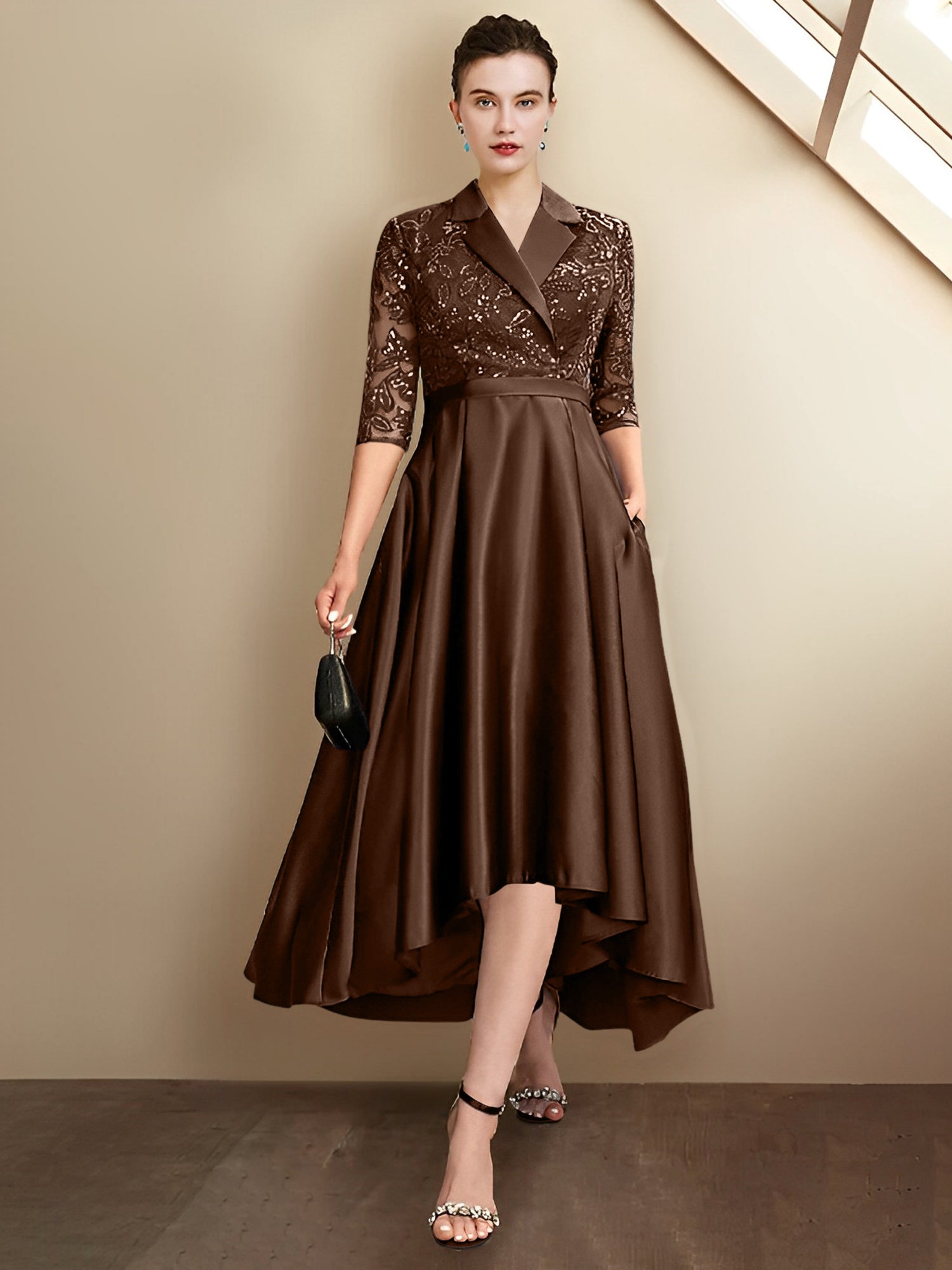 Column V-Neck Tea-Length Mother of the Bride Dresses