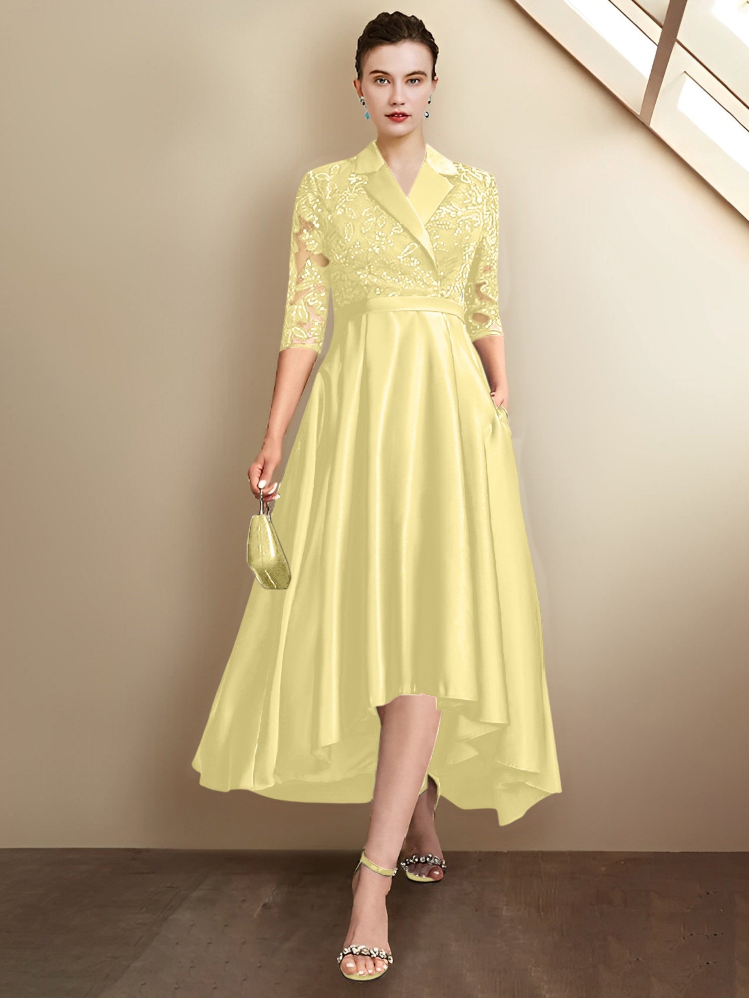 Column V-Neck Tea-Length Mother of the Bride Dresses