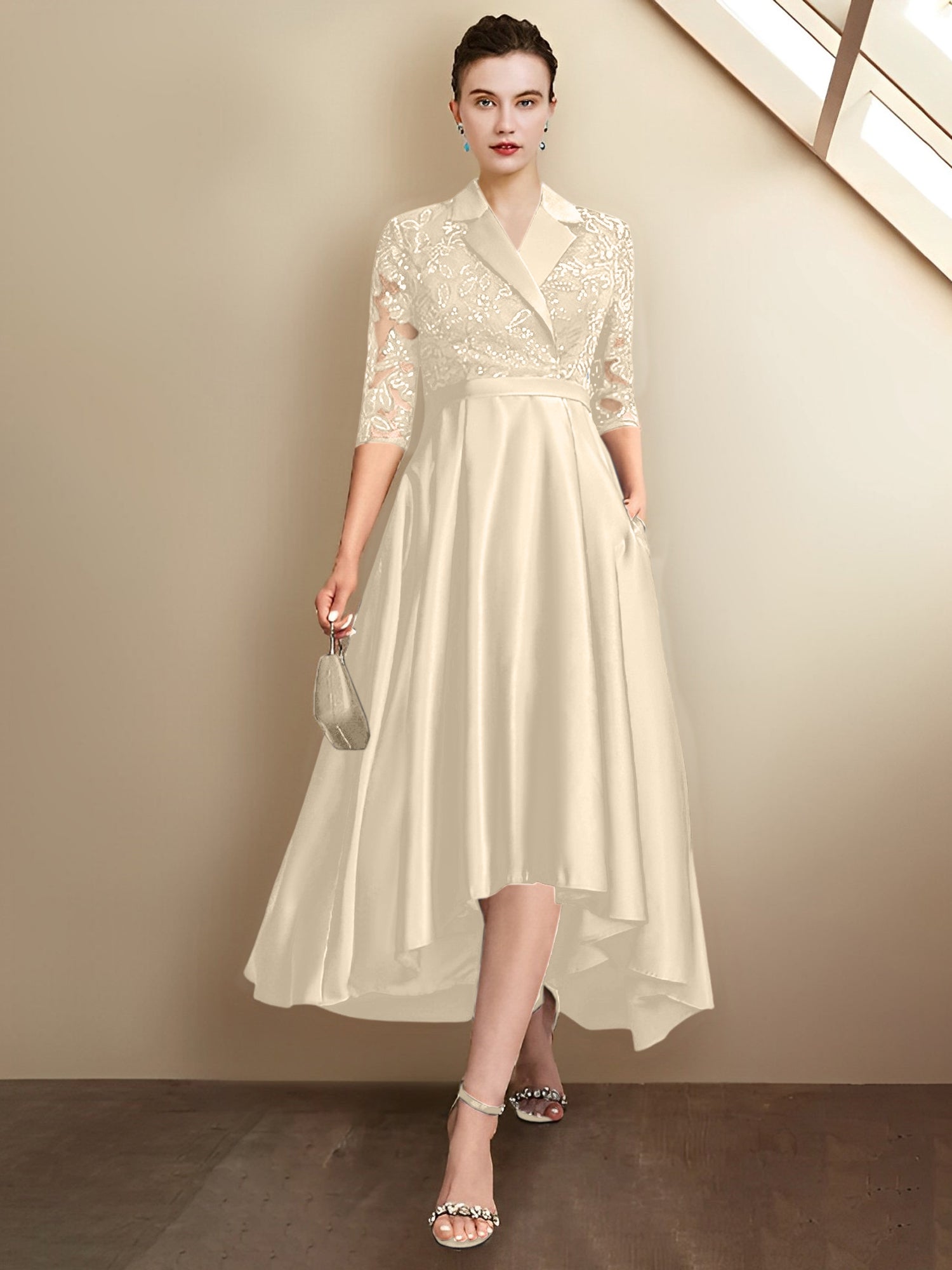 Column V-Neck Tea-Length Mother of the Bride Dresses