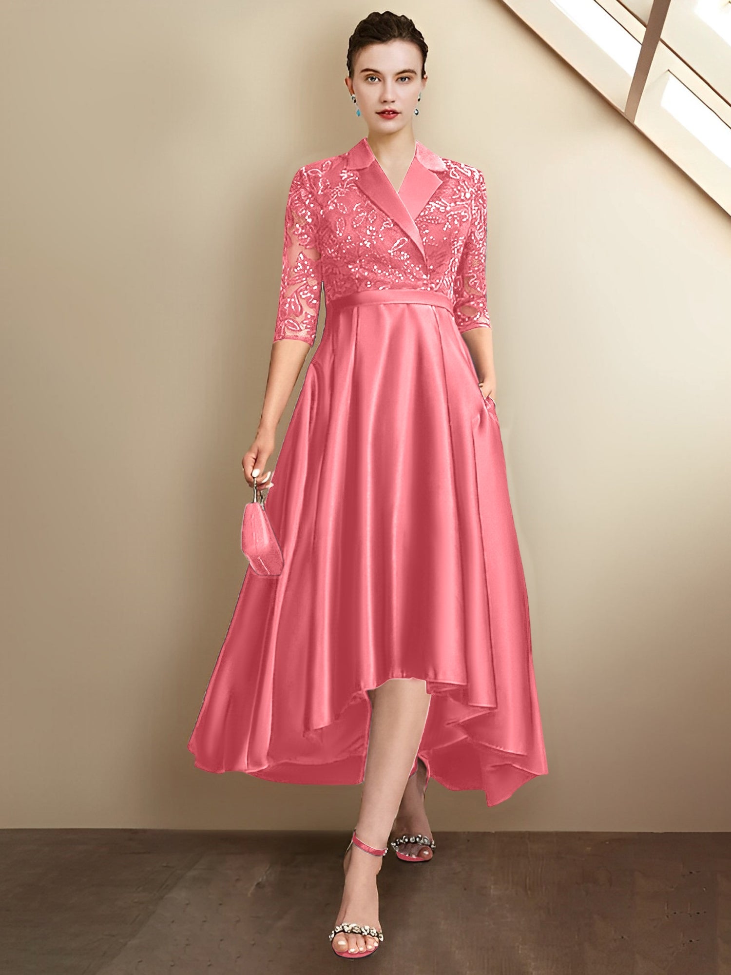 Column V-Neck Tea-Length Mother of the Bride Dresses