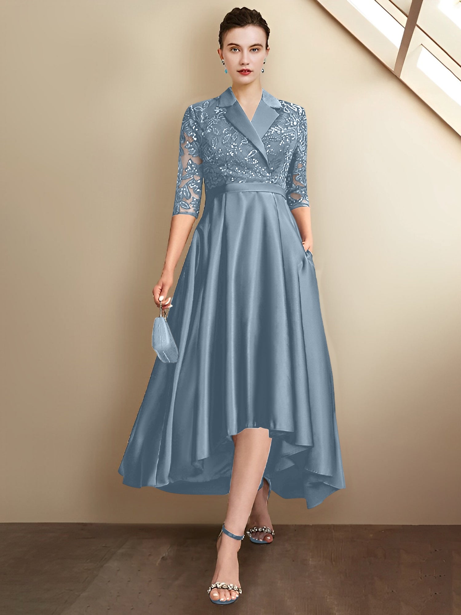 Column V-Neck Tea-Length Mother of the Bride Dresses