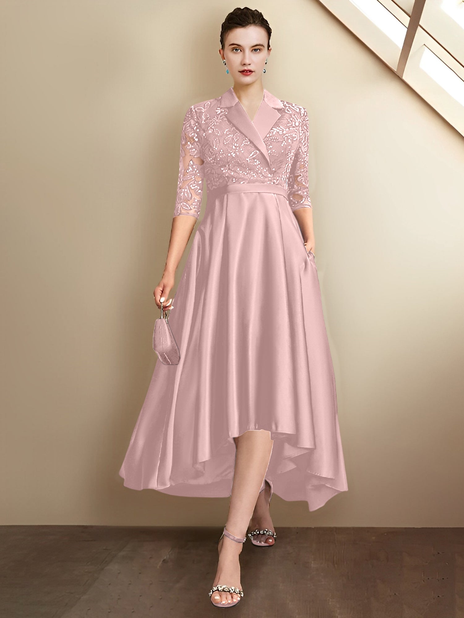 Column V-Neck Tea-Length Mother of the Bride Dresses