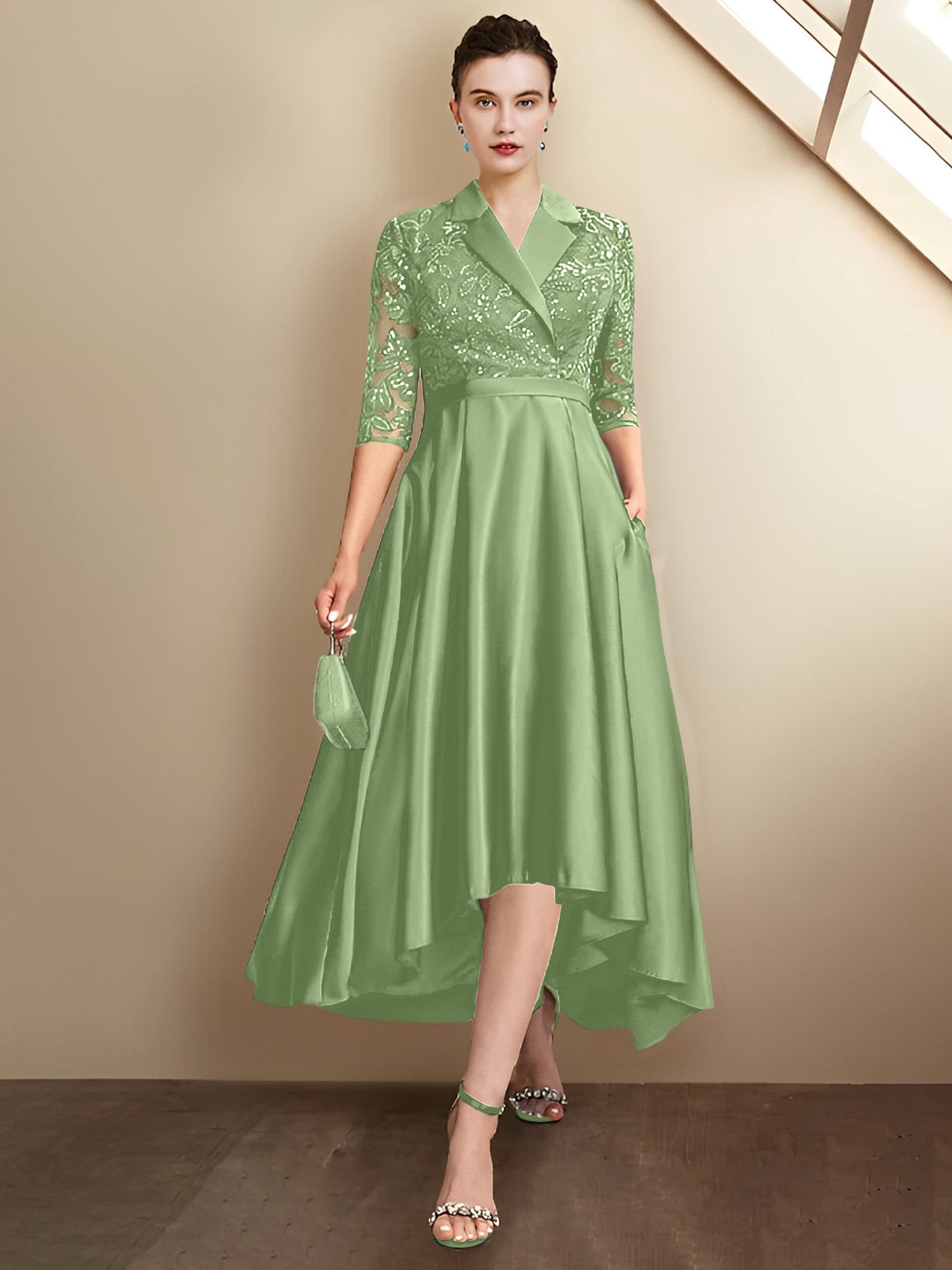 Column V-Neck Tea-Length Mother of the Bride Dresses