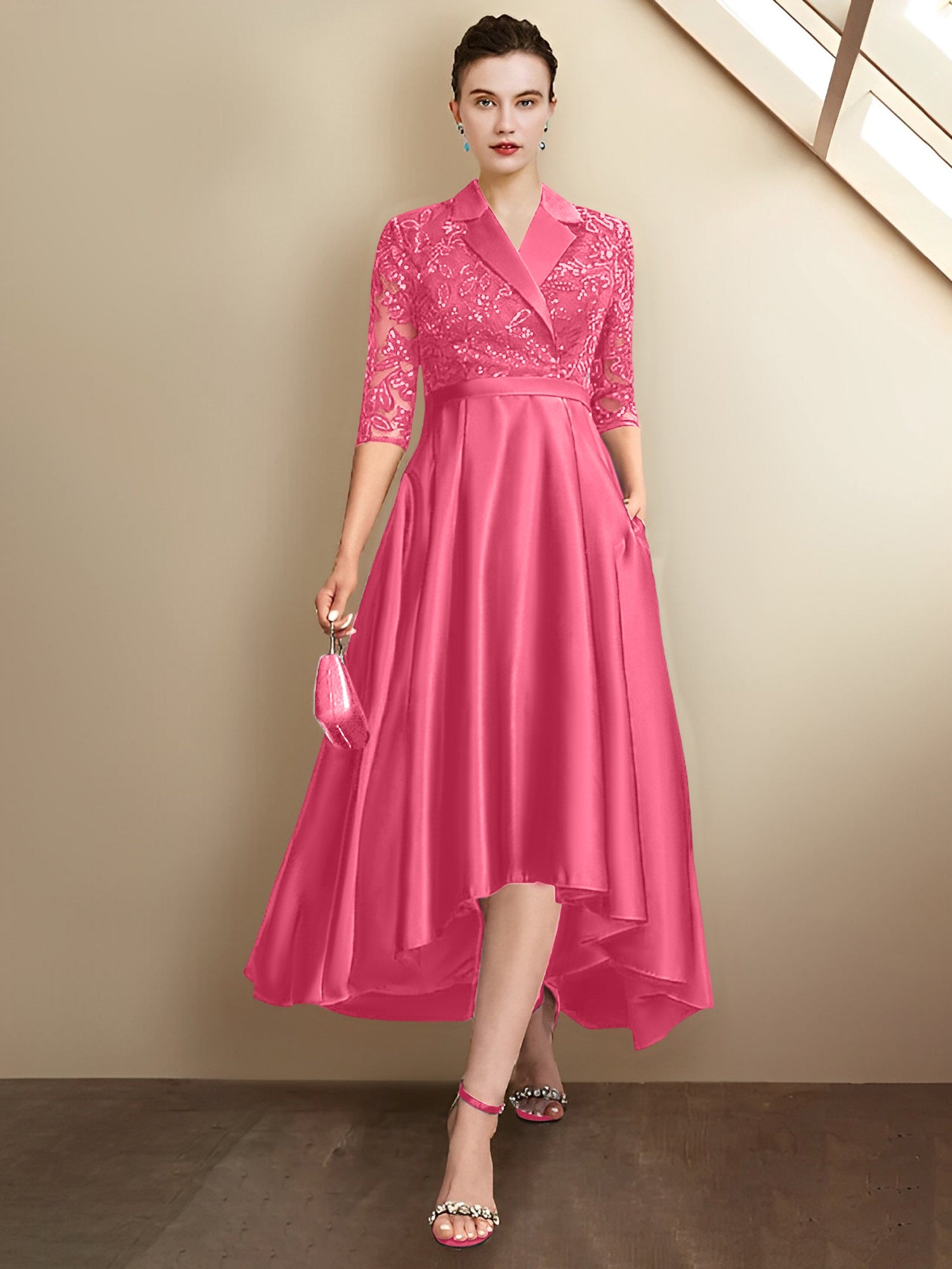 Column V-Neck Tea-Length Mother of the Bride Dresses
