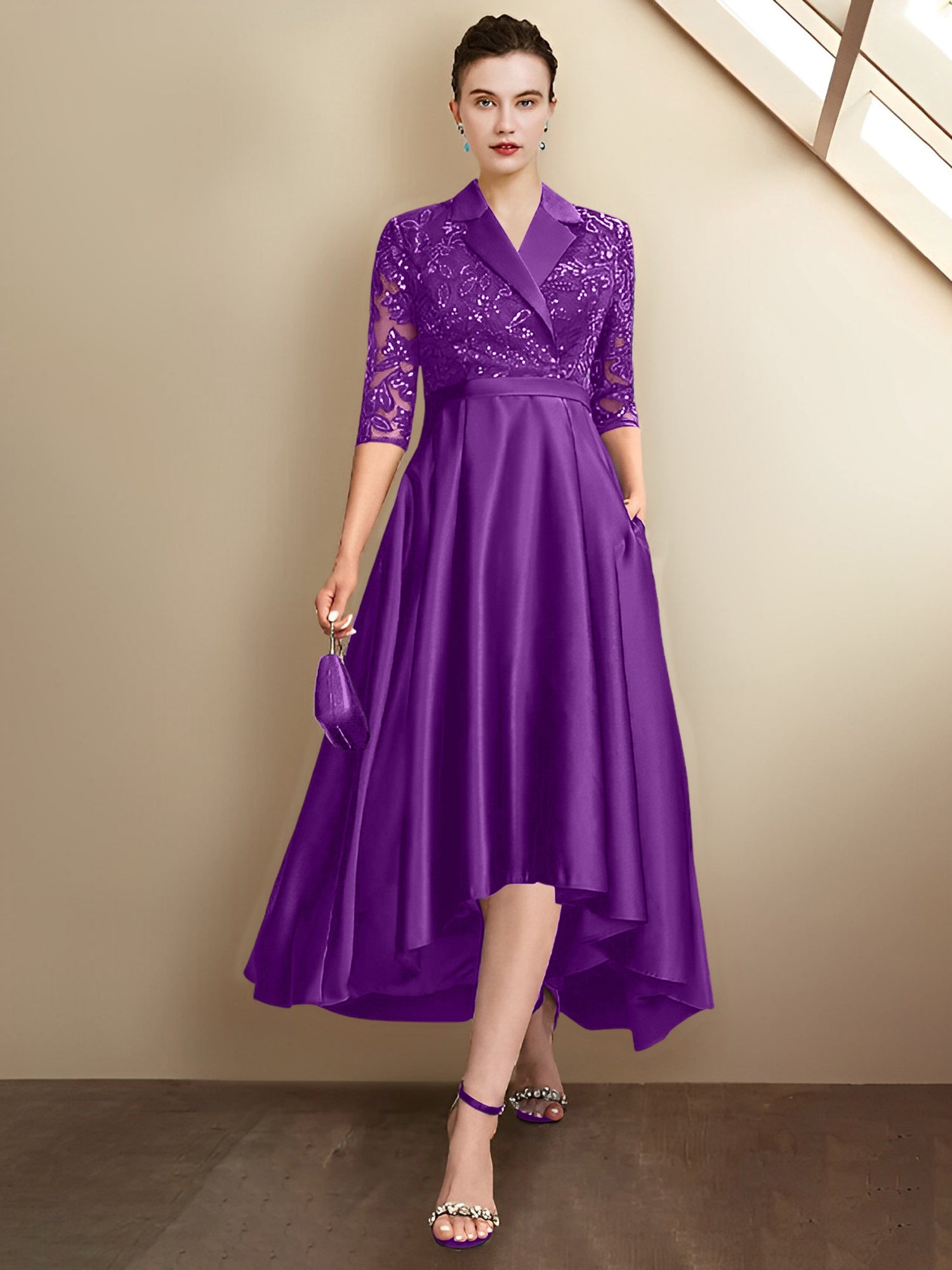 Column V-Neck Tea-Length Mother of the Bride Dresses