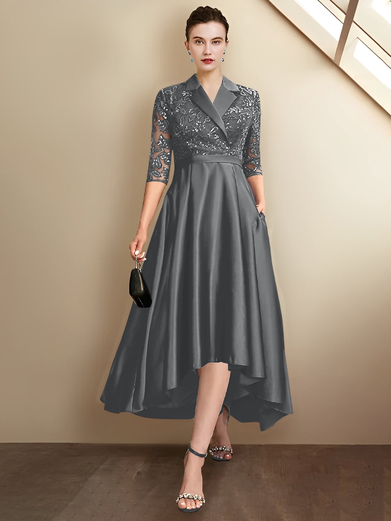 Column V-Neck Tea-Length Mother of the Bride Dresses