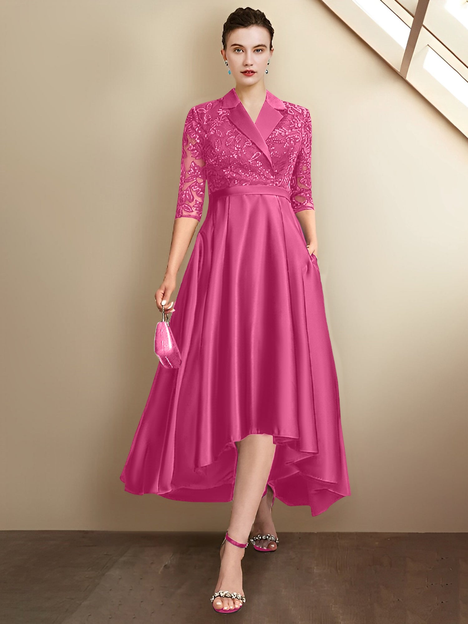 Column V-Neck Tea-Length Mother of the Bride Dresses