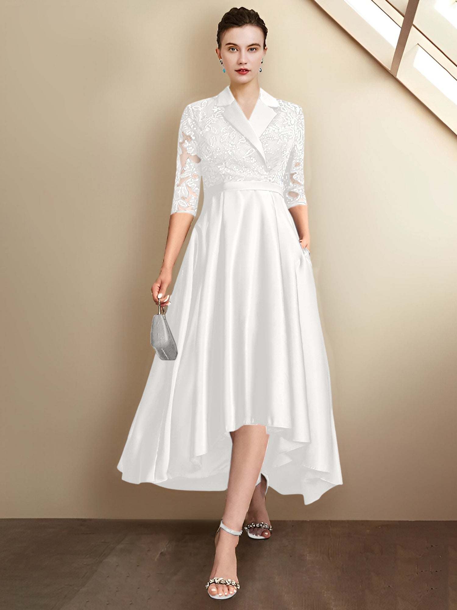 Column V-Neck Tea-Length Mother of the Bride Dresses