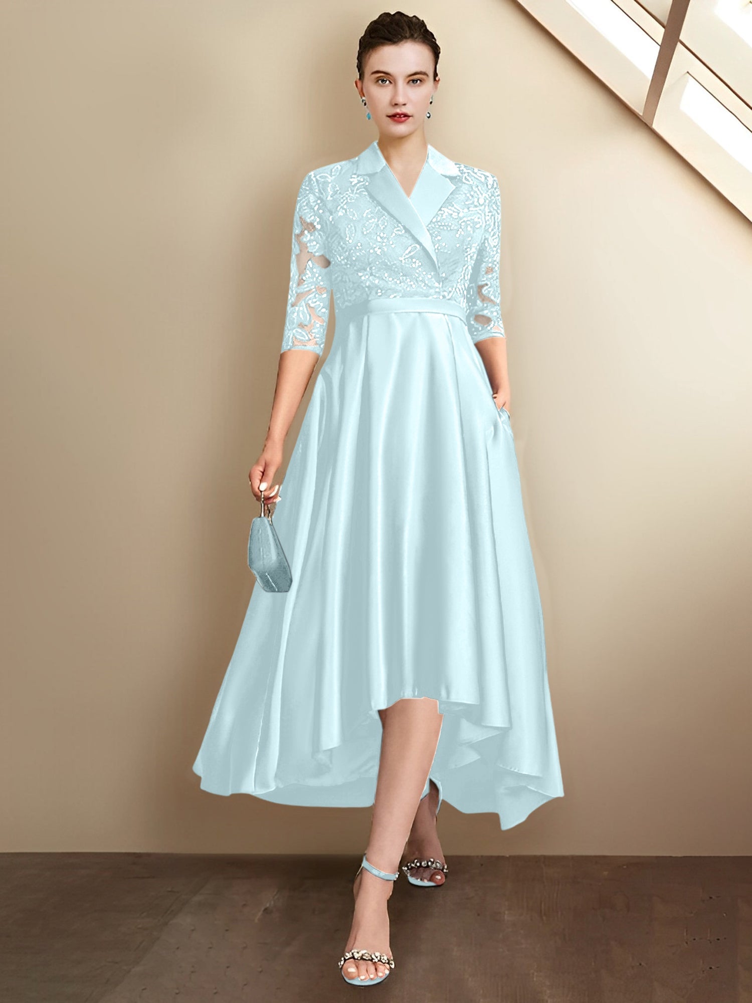 Column V-Neck Tea-Length Mother of the Bride Dresses