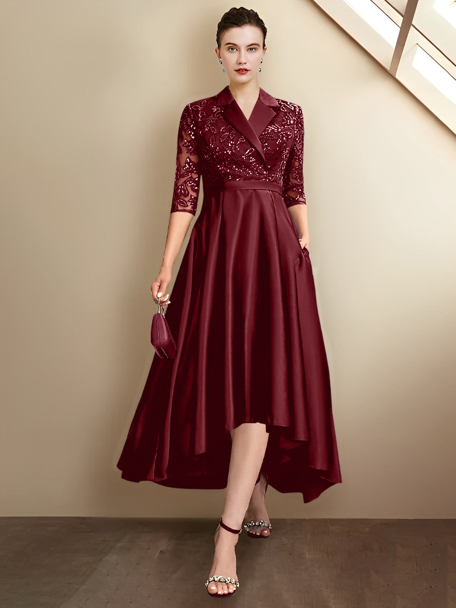 burgundy tea length mother of the bride dress Eva Fashion 3533 Long Formal Lace Fitted Mother of the Bride Dress