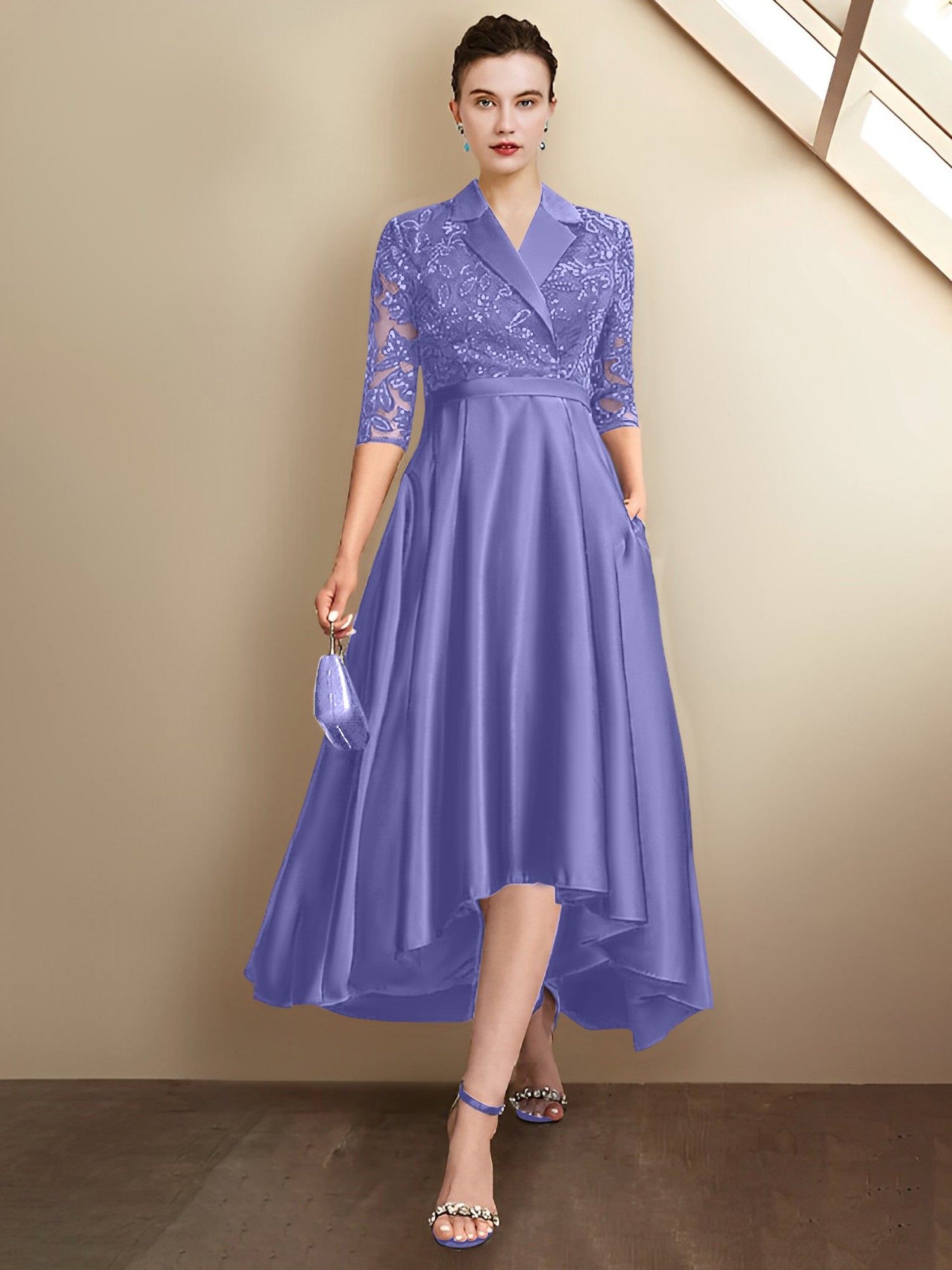Column V-Neck Tea-Length Mother of the Bride Dresses
