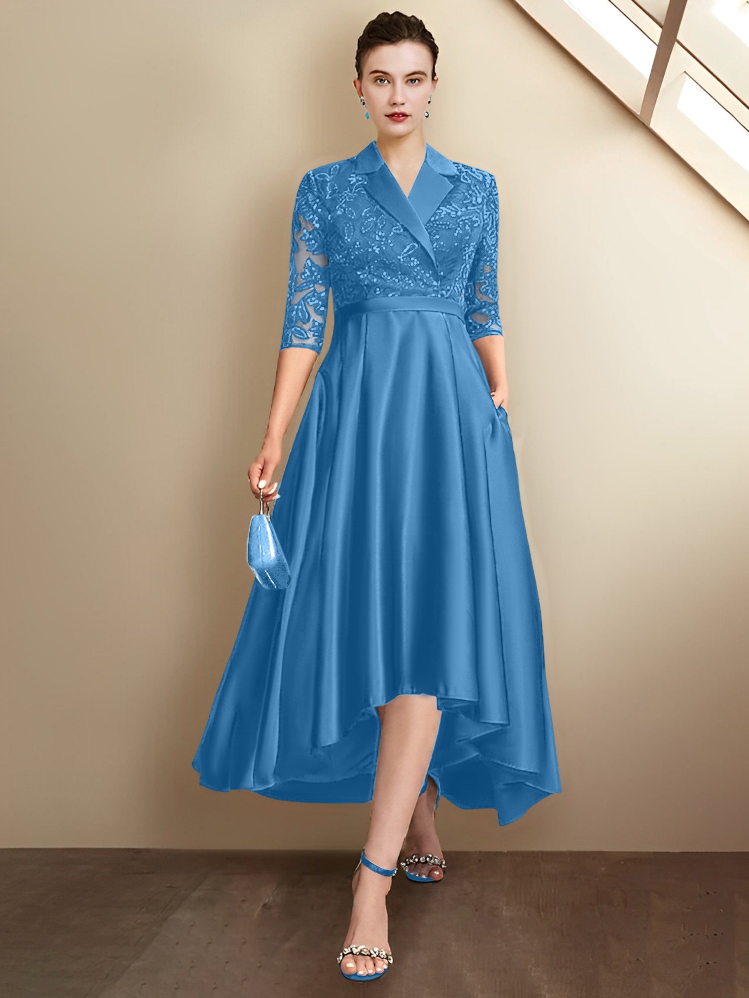 Column V-Neck Tea-Length Mother of the Bride Dresses