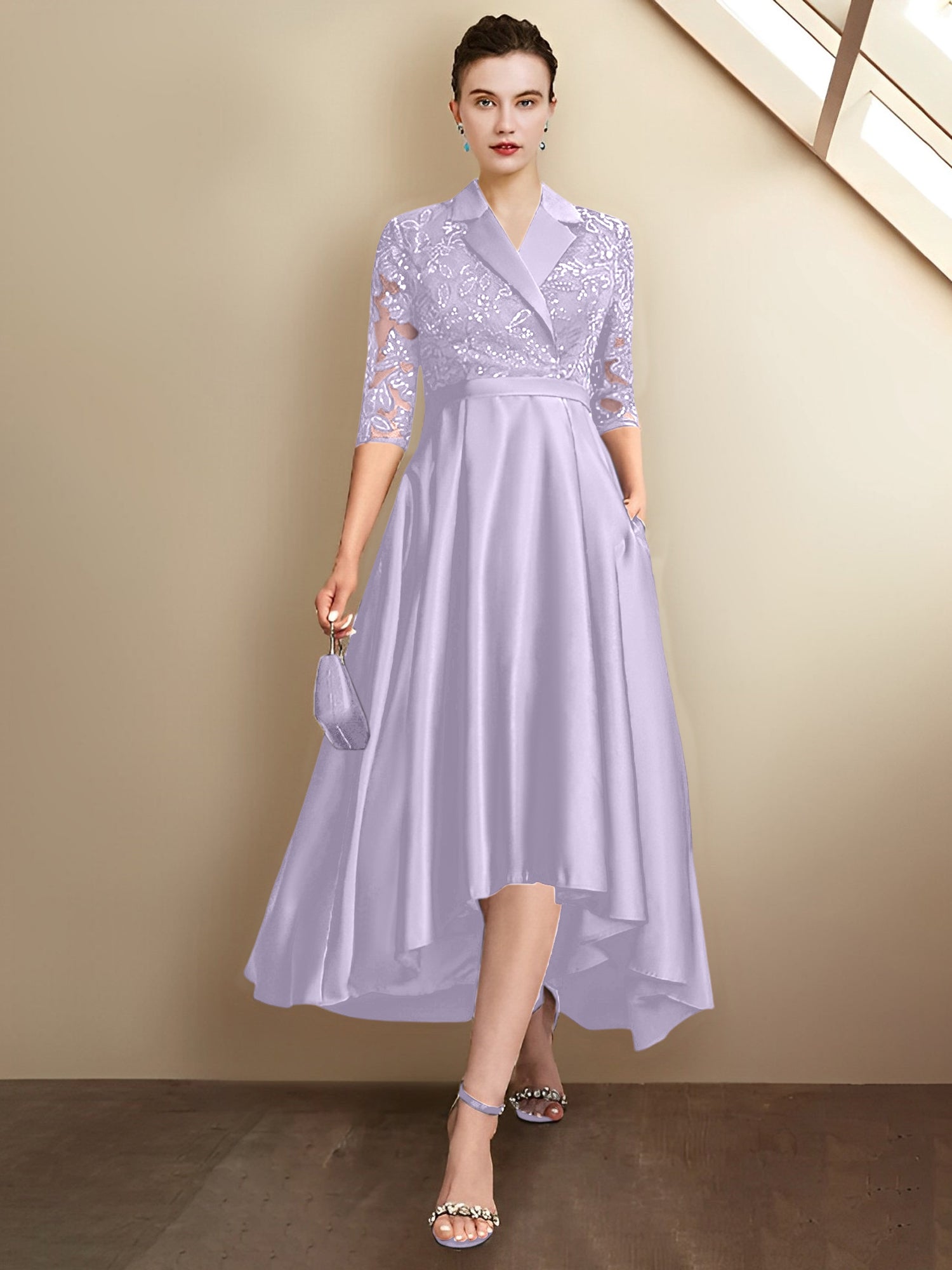 Column V-Neck Tea-Length Mother of the Bride Dresses