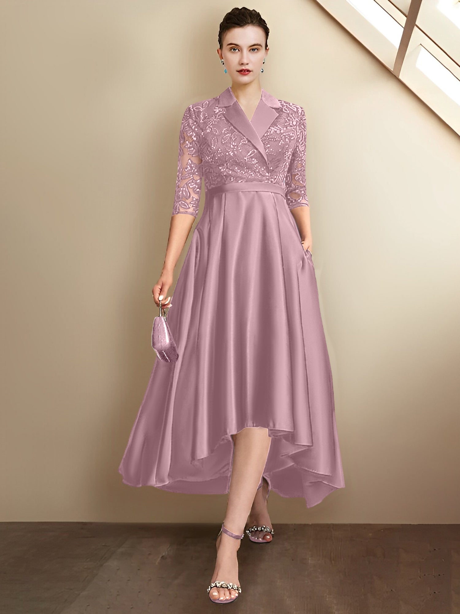 Column V-Neck Tea-Length Mother of the Bride Dresses
