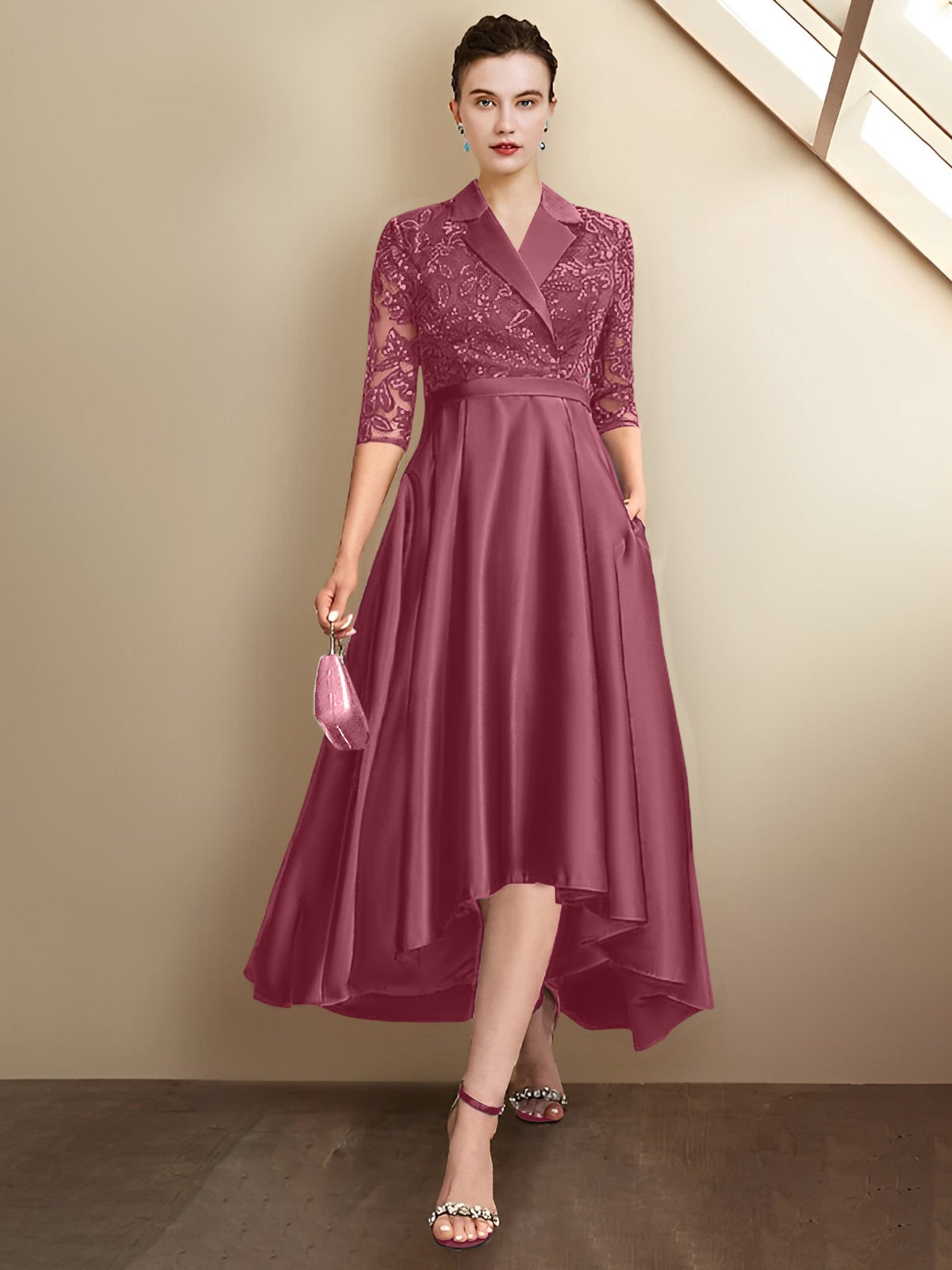 Column V-Neck Tea-Length Mother of the Bride Dresses