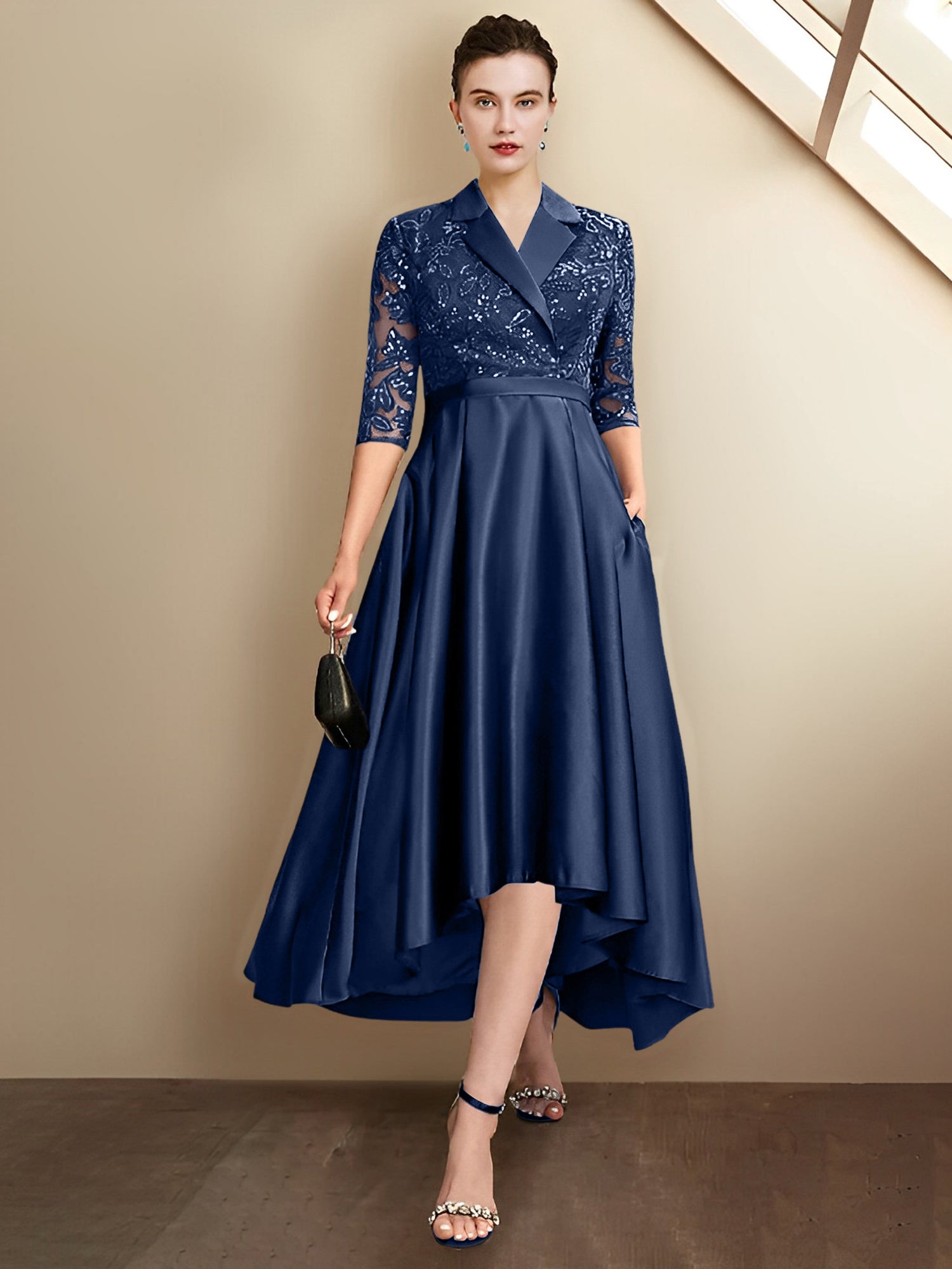 Column V-Neck Tea-Length Mother of the Bride Dresses