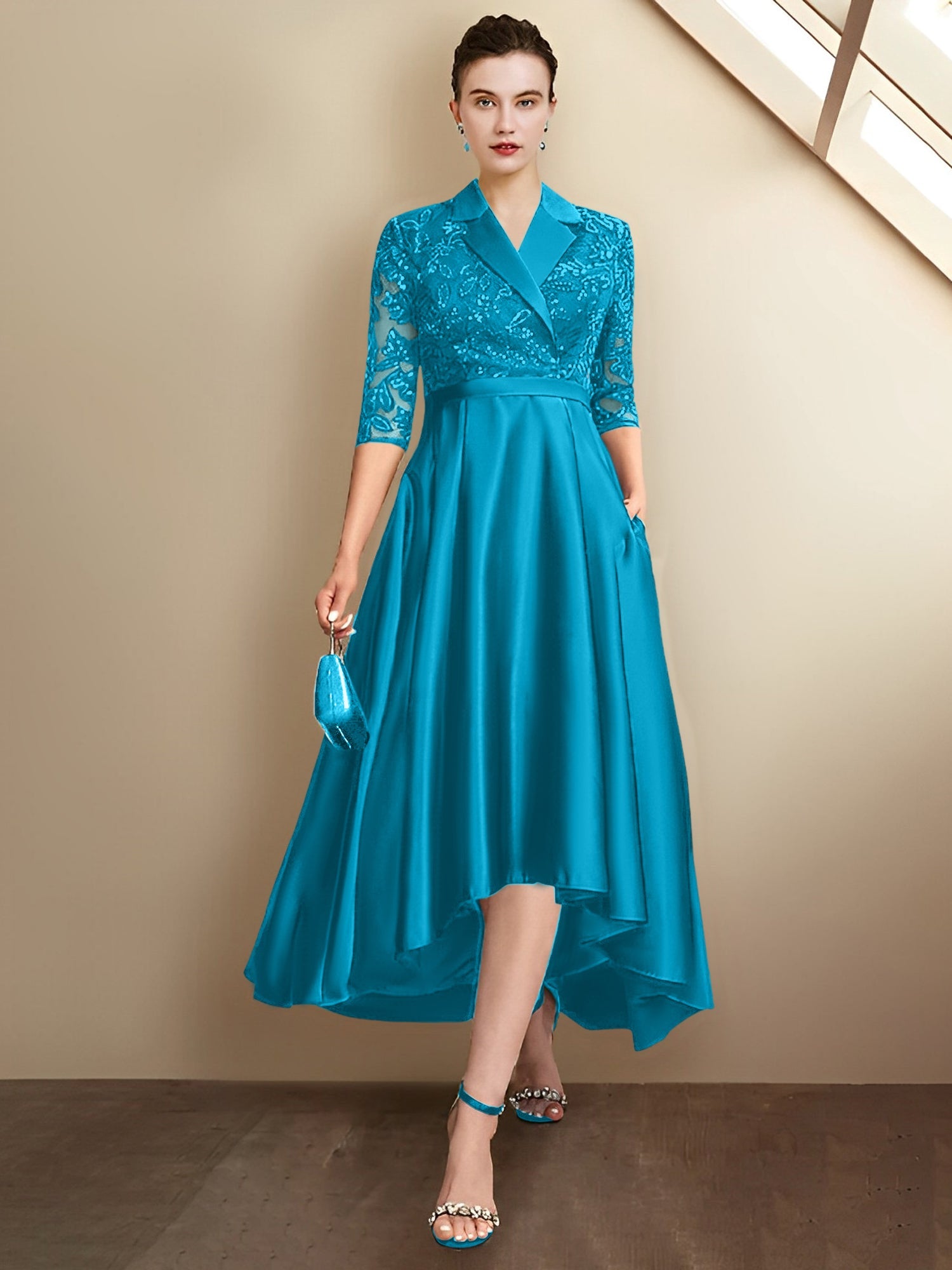 Column V-Neck Tea-Length Mother of the Bride Dresses