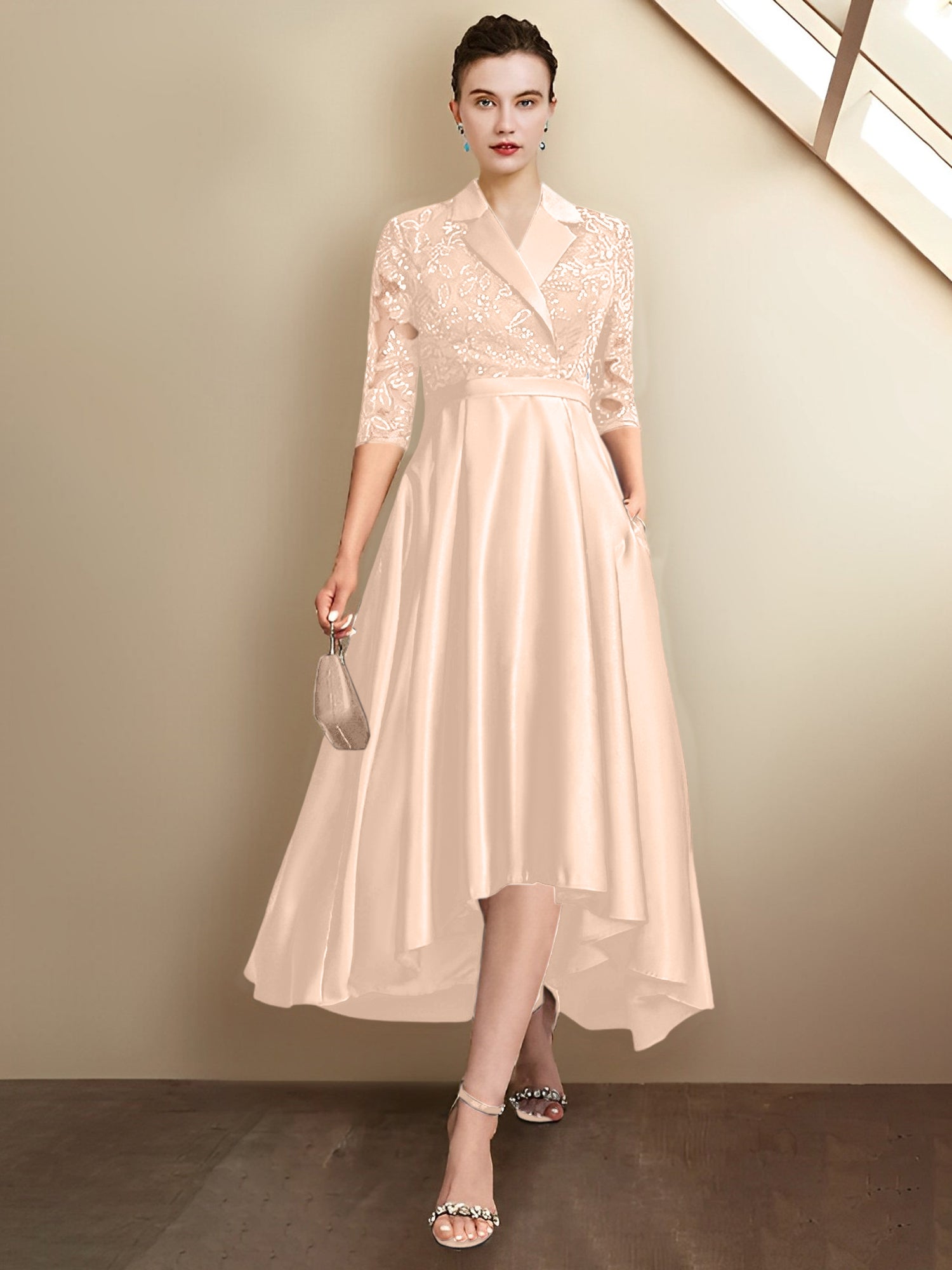 Column V-Neck Tea-Length Mother of the Bride Dresses