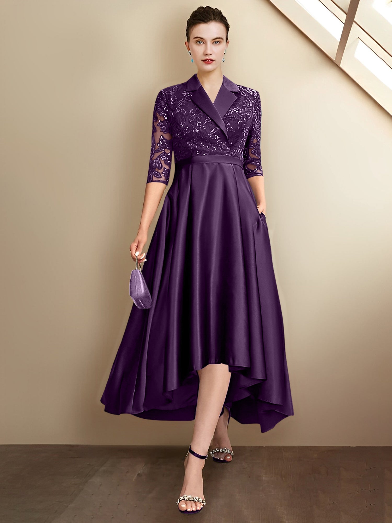 Column V-Neck Tea-Length Mother of the Bride Dresses