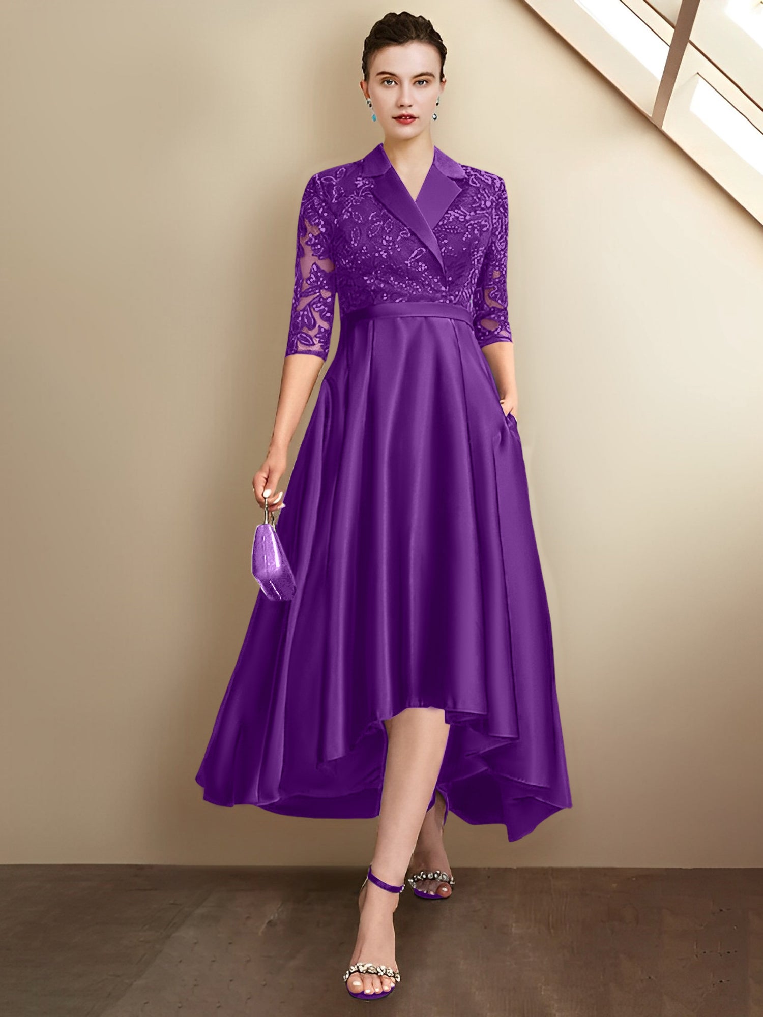 Column V-Neck Tea-Length Mother of the Bride Dresses