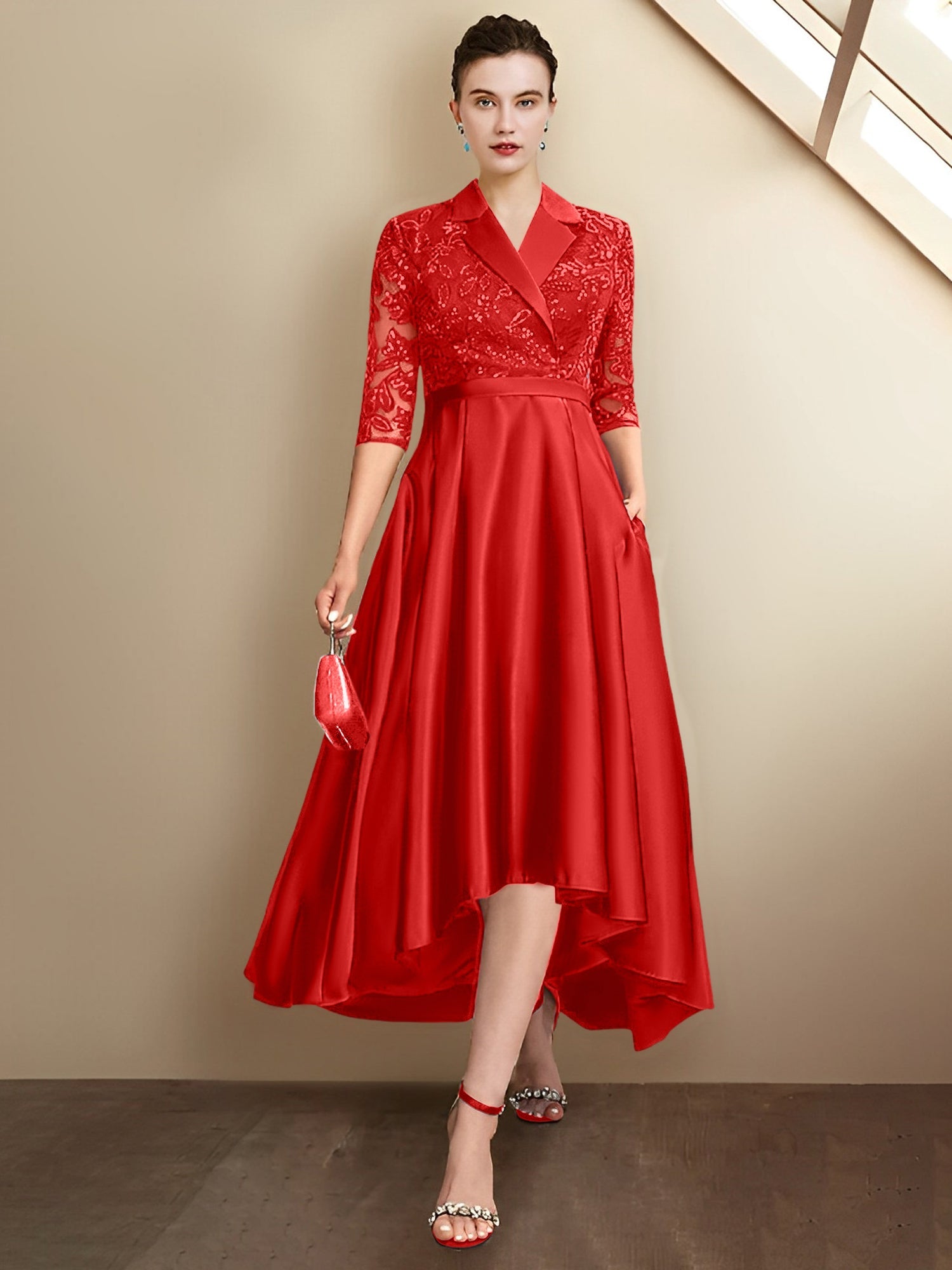 Column V-Neck Tea-Length Mother of the Bride Dresses