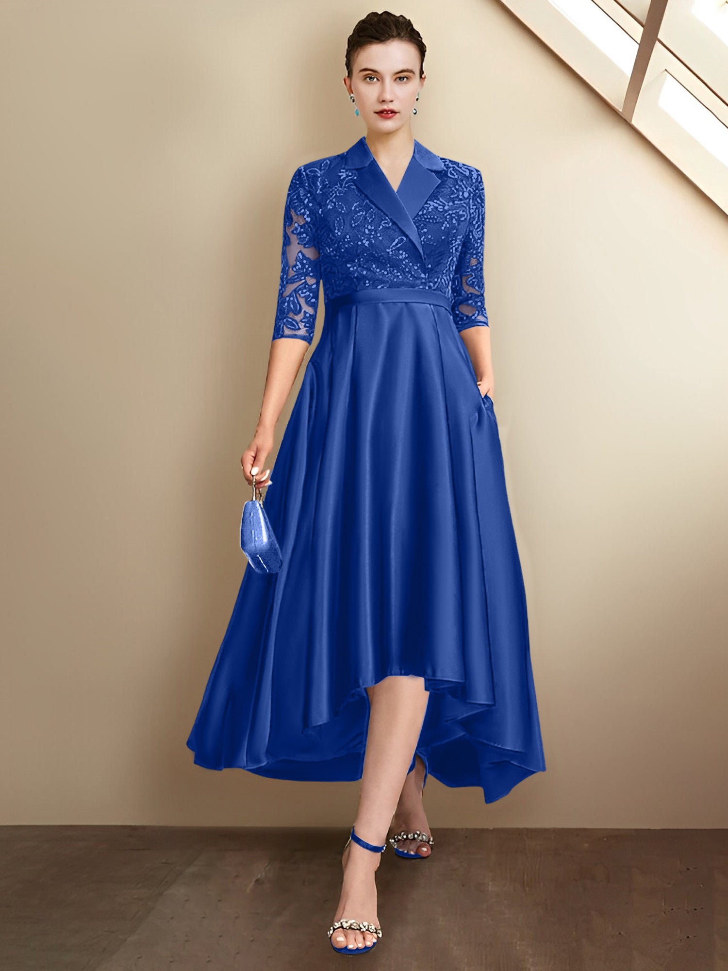 Column V-Neck Tea-Length Mother of the Bride Dresses