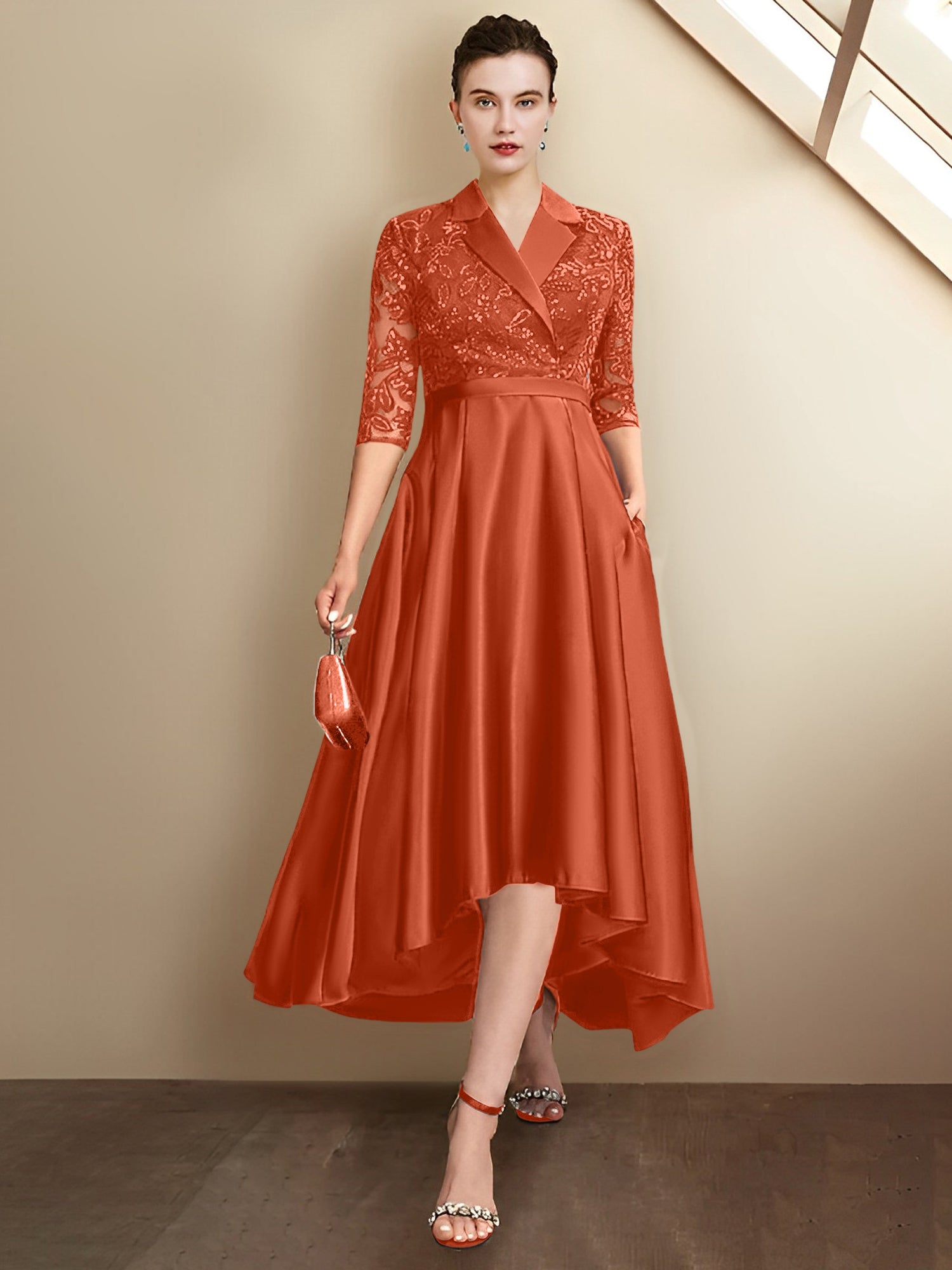 Column V-Neck Tea-Length Mother of the Bride Dresses