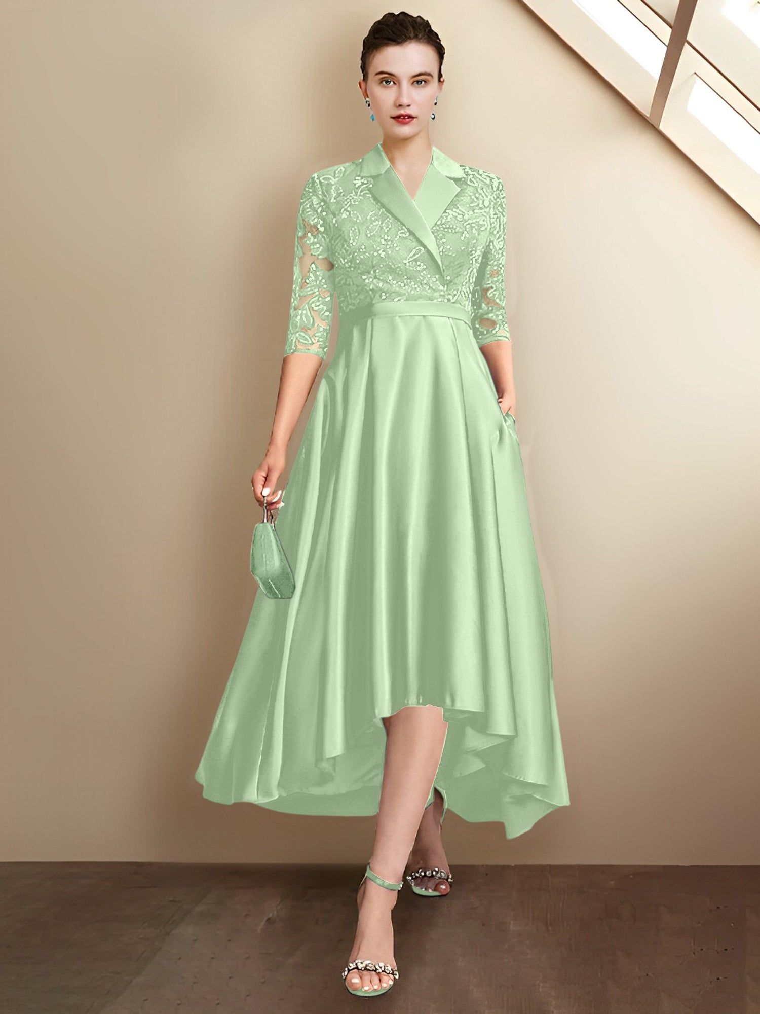 Column V-Neck Tea-Length Mother of the Bride Dresses