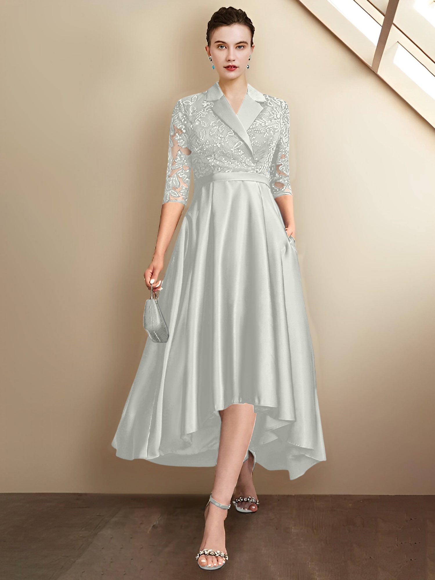 Column V-Neck Tea-Length Mother of the Bride Dresses