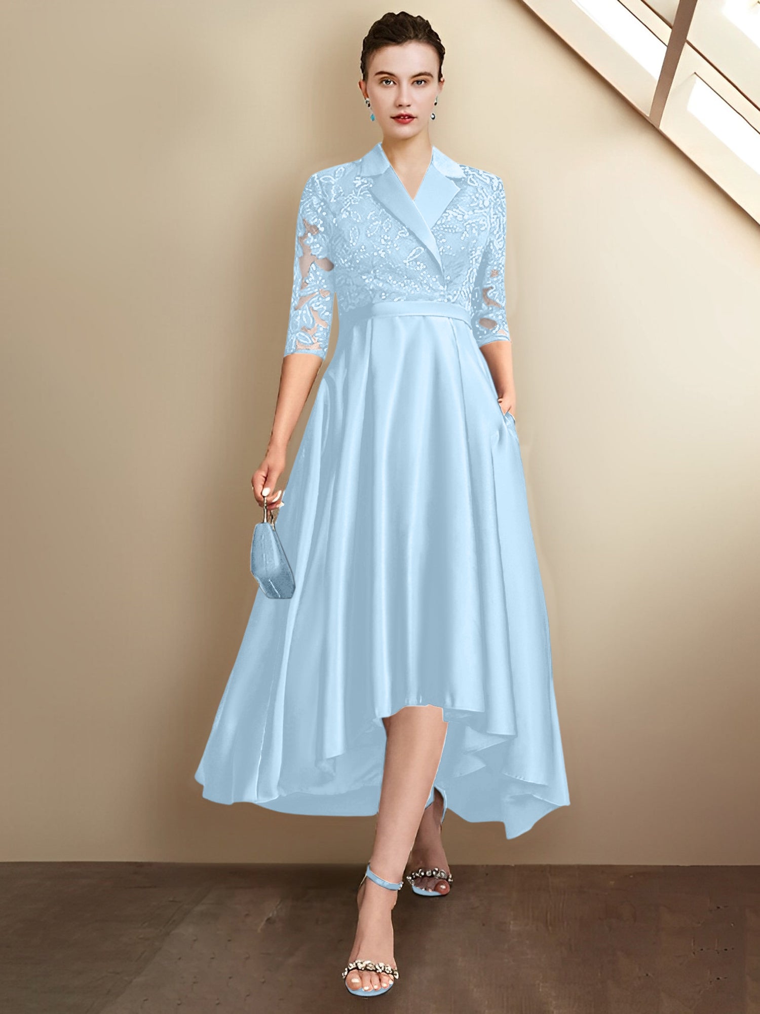 Column V-Neck Tea-Length Mother of the Bride Dresses