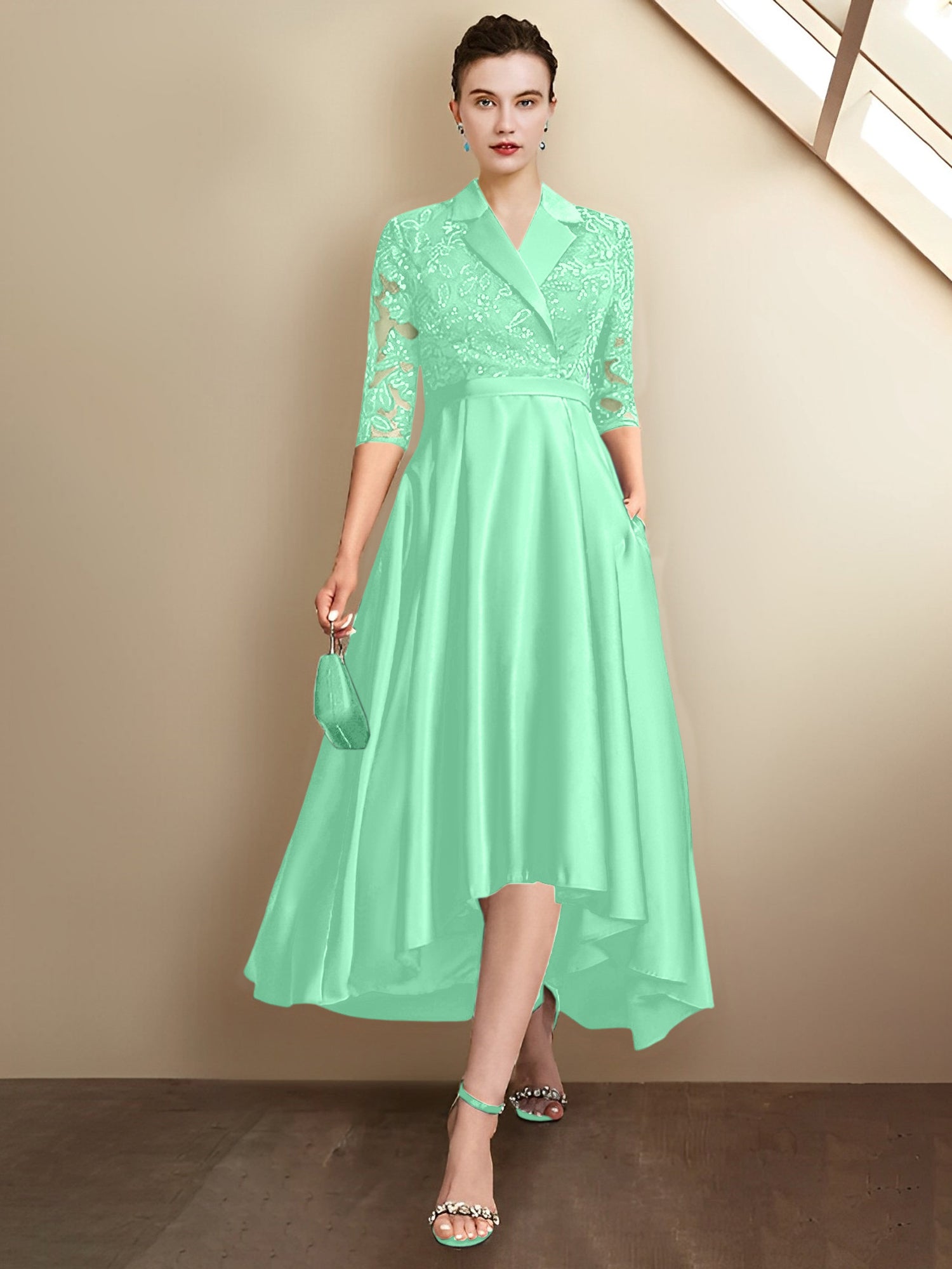 Column V-Neck Tea-Length Mother of the Bride Dresses
